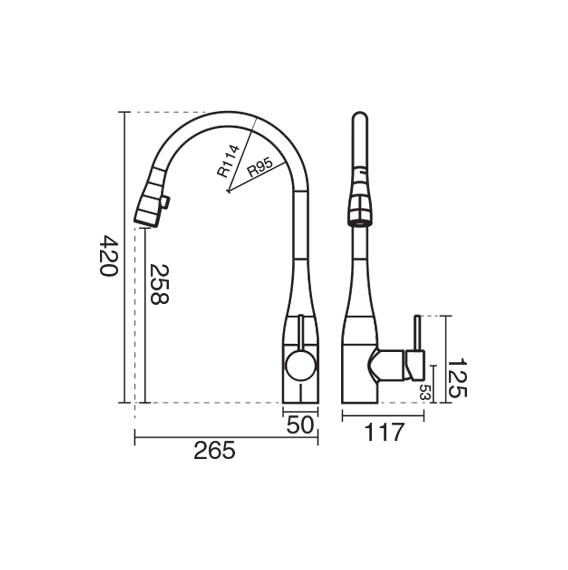 مشخصات فنی شیر ظرفشویی شاوری (شیلنگ دار) KWC مدل ایو